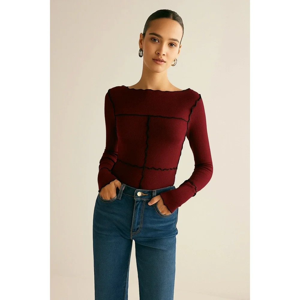 Commense‎ Deep Burgundy Ribbed Lettuce Hem Seam Detail Long Sleeve Top Small - Picture 2 of 13